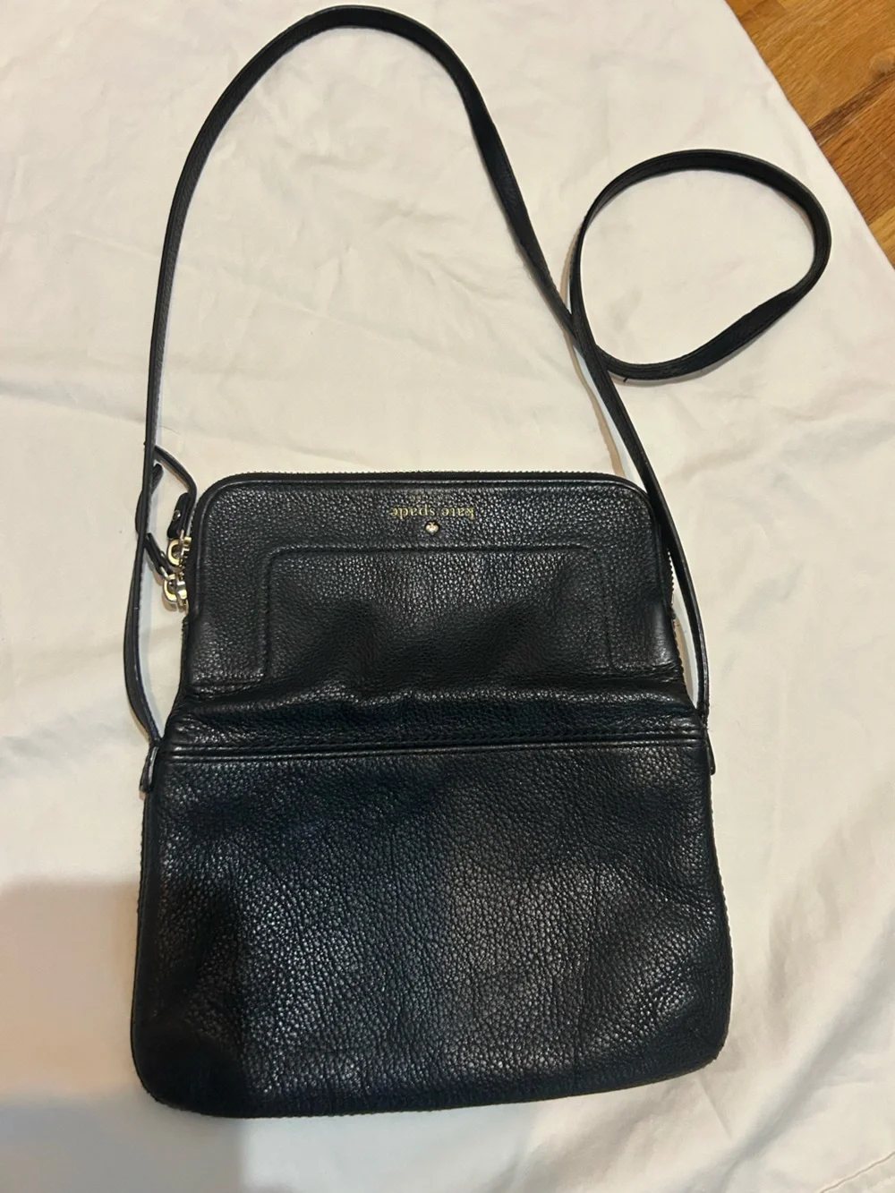 kate spade Black Pebbled Leather Flap Crossbody with Gold Hardware